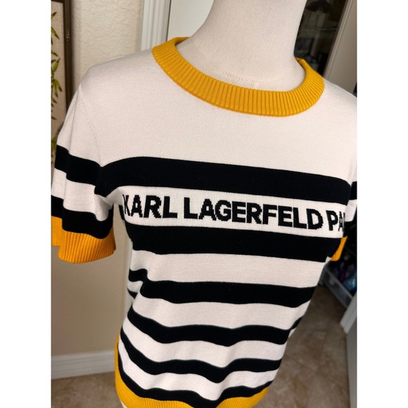Karl Lagerfeld Paris Striped Knit Top Short Sleeve Yellow Trim Crew Neck Women S - Picture 7 of 13